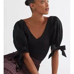 Anthropologie Maeve Black Puff Sleeve Top XS Cottagecore V-Neck Rib Blouse‎